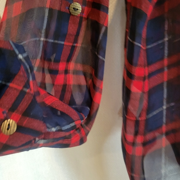 Windsor Sheer plaid Button down Open back Top hi low blouse size Medium - Picture 4 of 6